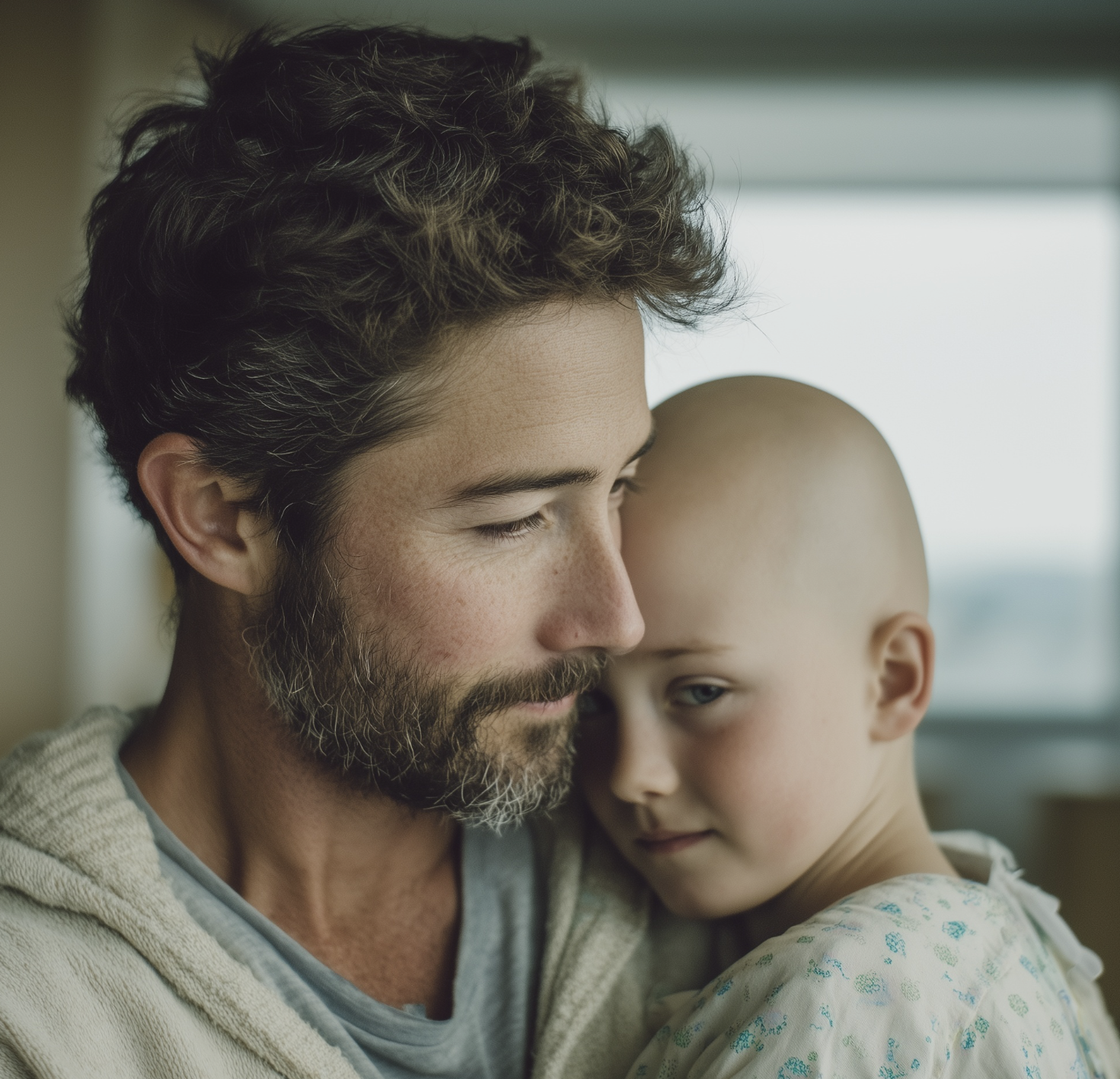 dad holding his bald small son wearing a hospital gown