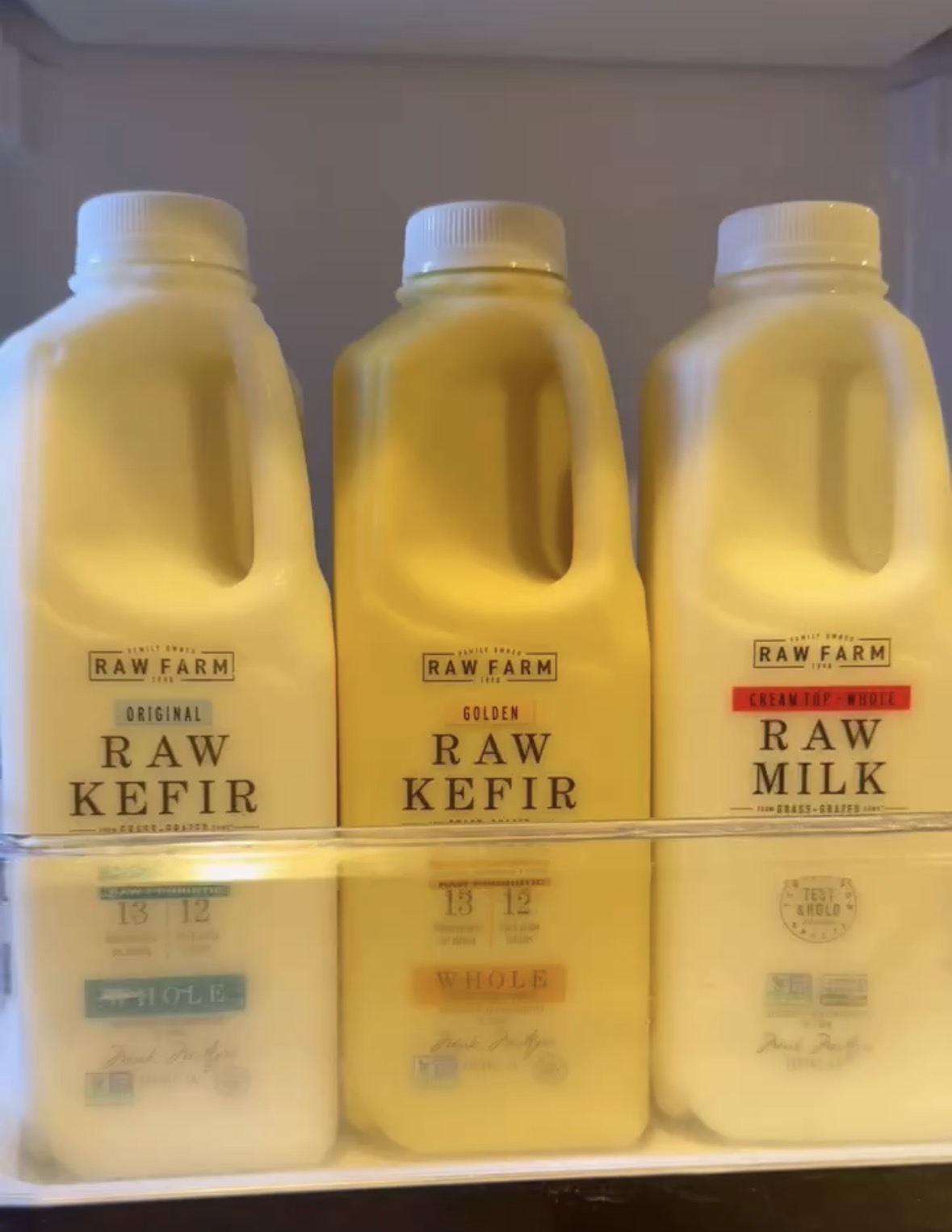 3 bottles of raw dairy in the fridge from Raw Farm