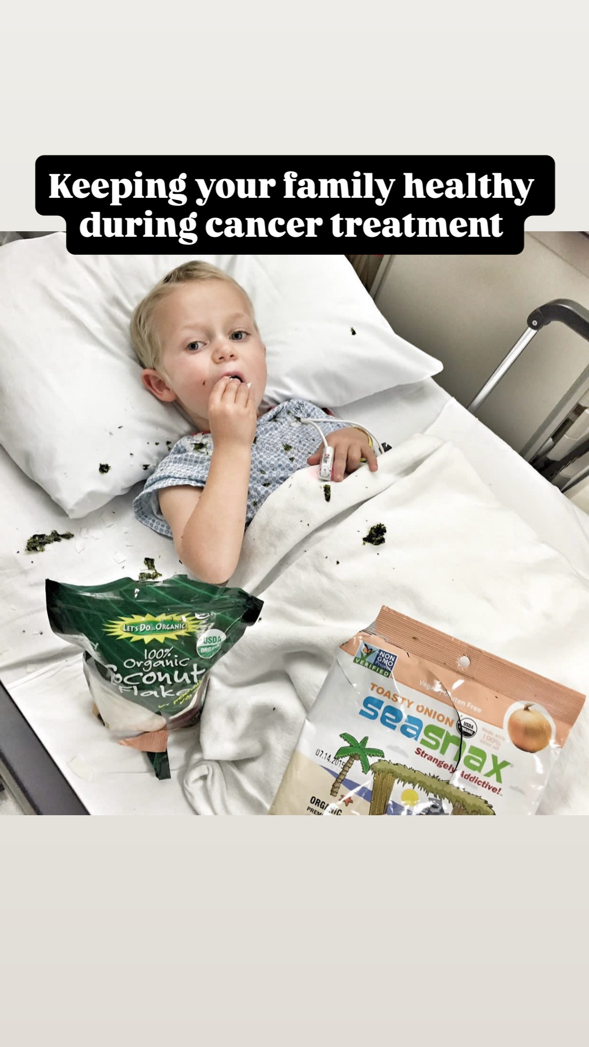child with cancer in hospital bed eating seaweed