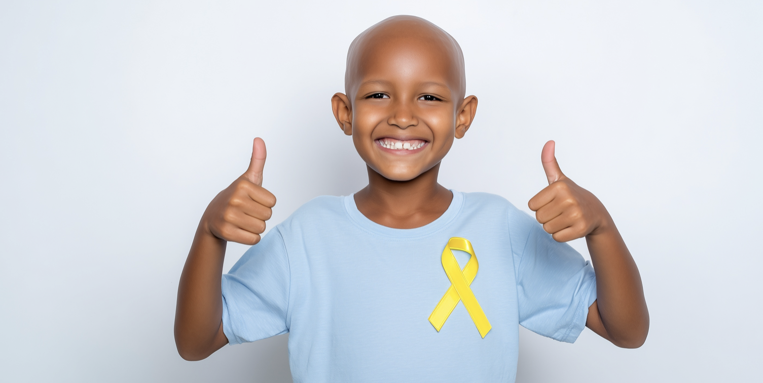 young bald black child with cancer smiling big with two thumbs up wearing a blue shirt with a yellow cancer ribbon